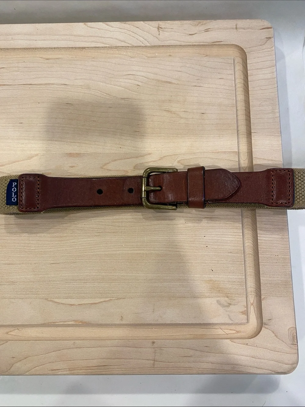 Polo by Ralph Lauren Brown Leather & Tan Canvas boys Belt with Brass Buckle